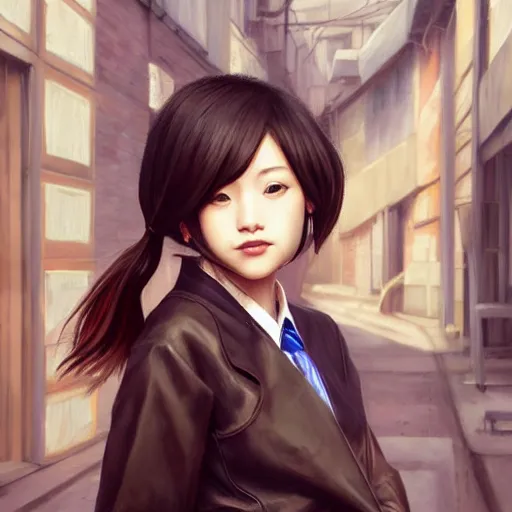 Prompt: a perfect, realistic professional oil painting of a Japanese schoolgirl posing in a dystopian alleyway, style of Marvel, full length, fine details, by a professional American senior artist on ArtStation, a high-quality hollywood-style concept