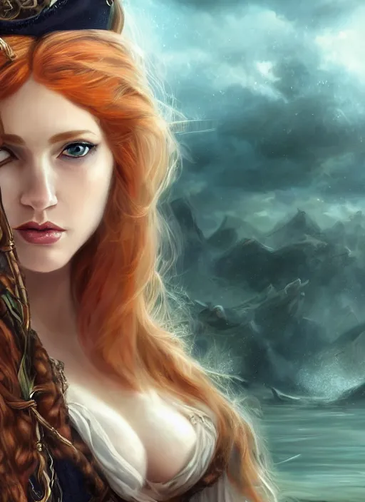 Image similar to a beautiful woman pirate clothes, 8 k, sensual, hyperrealistic, hyperdetailed, beautiful face, long ginger hair windy, dark fantasy, fantasy portrait by laura sava