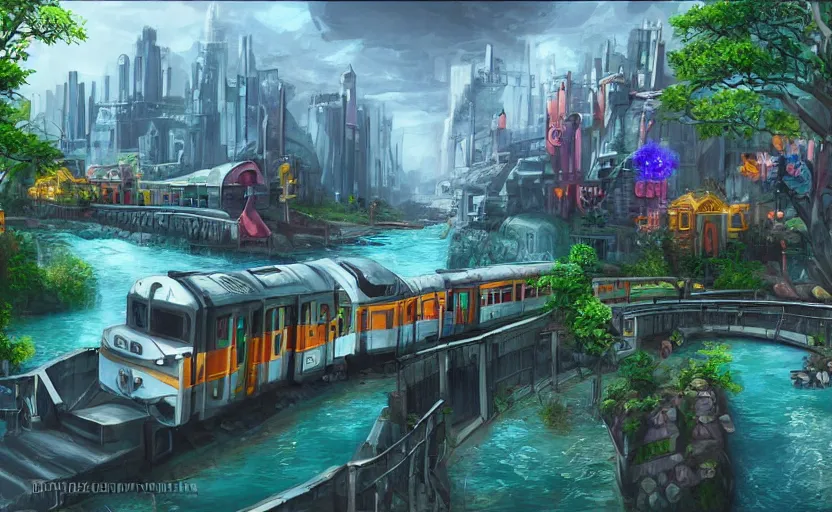 Image similar to An urban train rides inside of a waterway on a fantasy city. Fantasy and concept art, colorful digital painting, unreal engine.