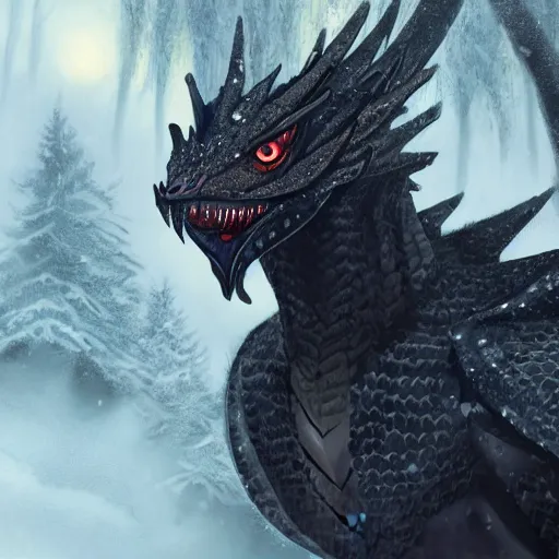 Image similar to handsome cute black dragon in snowy forest, dnd character, background focus, fantasy, magic, realistic textured skin, hawk feather, hawk wings, lizard legs, lizard pose, big eyes, clear clean, by lya kushinov, Avetetsuya Studios, Alexandra Fomina artstation, by Makoto Shinkai, digital 2D, matte painting