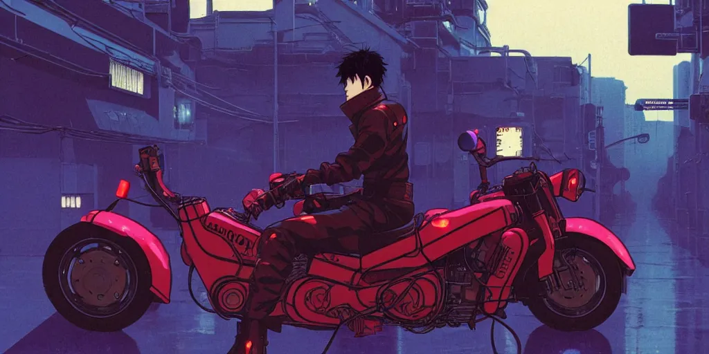 Image similar to twilight lighting, moody, atmospheric, solarpunk, kaneda and his motorcycle from akira, rainy, in the art style of neon genesis : evangelion, 8 0 s anime style, by ghibli studio and victor ngai, ghost in the shell art style, akira artstyle, pixar highly detailed, 8 k h 5 7 6