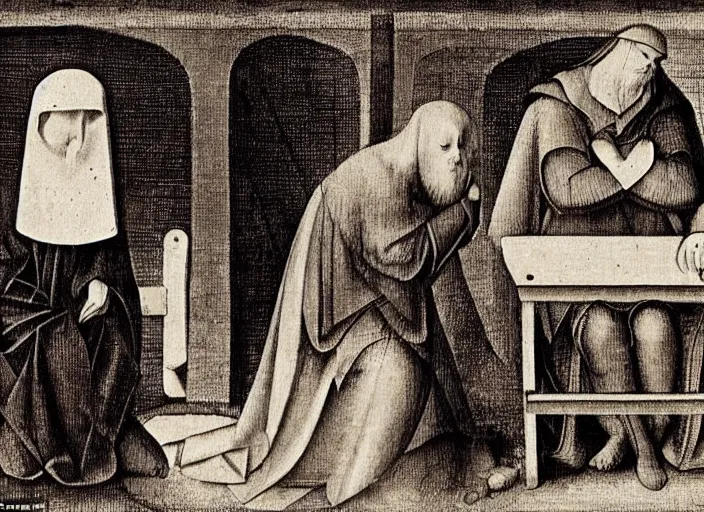 Image similar to judge wearing a bench wig is making a haircut to another judge with a bench wig, only two person in the scene, by hieronymus bosch, fractals