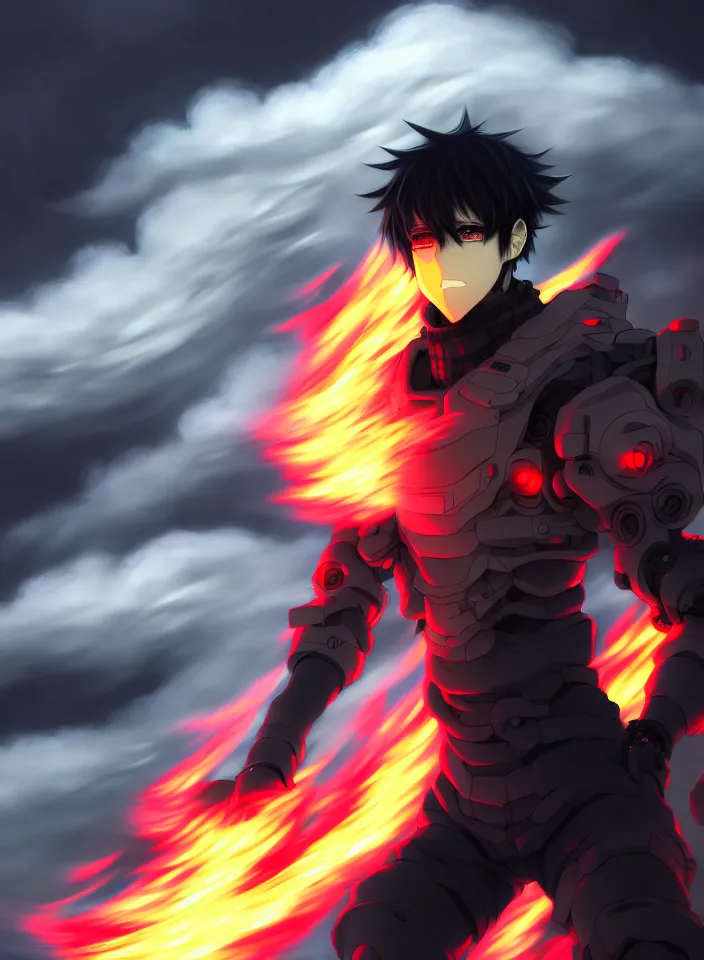 Image similar to a detailed manga illustration character full body portrait of a dark haired cyborg handsome anime man surrounded by clouds of dark smoke and fire, trending on artstation, digital art, 4 k resolution, detailed, high quality, sharp focus, hq artwork, insane detail, concept art, character concept, character illustration, full body illustration, perfect anatomy, cinematic, volumetric lighting