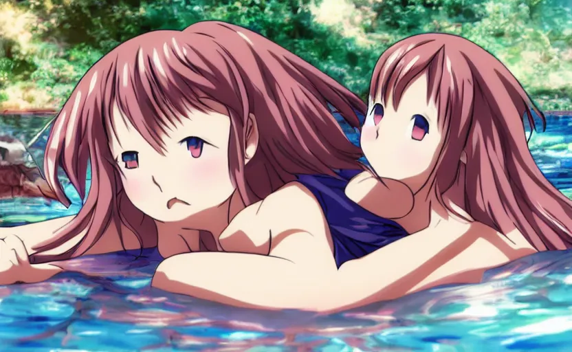 Prompt: an anime girl bathing in the bond, anime scenery