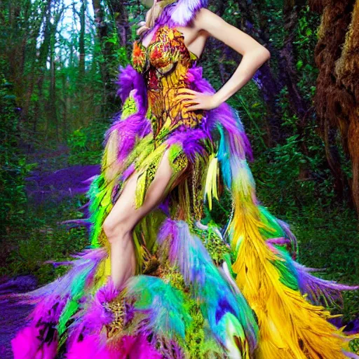 Prompt: Queen of the fae wearing a sleeveless feathered gown, holding court, intricate, colorful, 4k