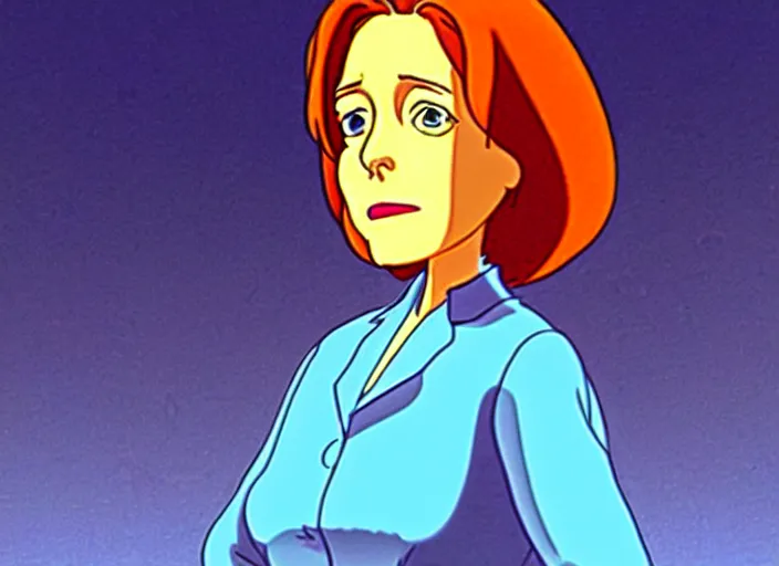 Image similar to an animation still of dana scully, in the style of studio ghibli, traditional animation, sharp detail, animation cel