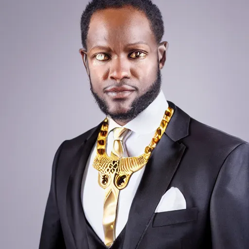 Image similar to portrait of Anubis wearing an elegant suit with a shiny gold necklace, looking at the camera, black background, studio light