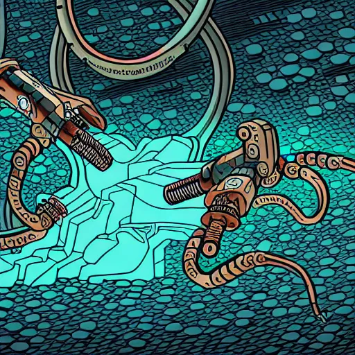 Prompt: detailed, intricate, colour, comic style illustration of a robotic hydra with jack cable tentacles, inside a huge cave made of pro audio equipment