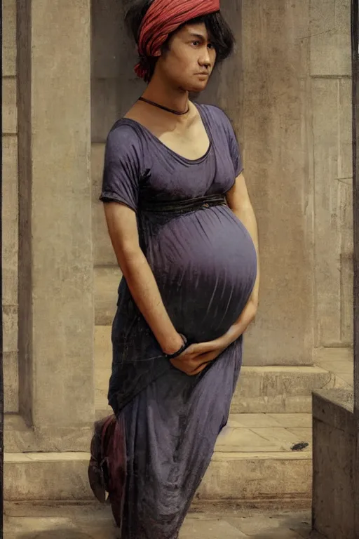 Image similar to Full-length portrait of a handsome young pregnant male on the streets of Bangkok, historically reliable photo chronicle, 1975, ultra detailed digital art, octane render, 4K, by John William Waterhouse and Edwin Longsden Long and Theodore Ralli and Nasreddine Dinet