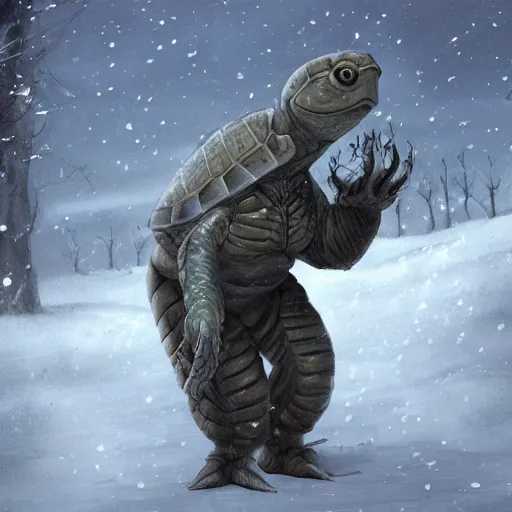 Prompt: anthropomorphic turtle humanoid, carapace, wlop, blizzard, winter, night, furs, fantasy