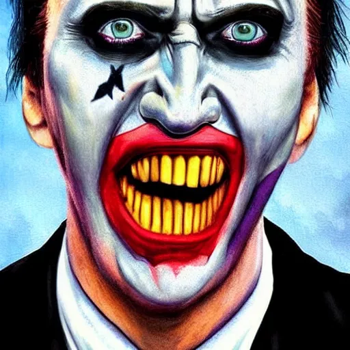 Image similar to nic cage as the joker, buff, painted portrait, highly detailed,