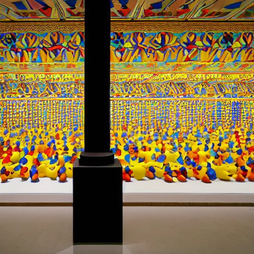 Image similar to wide shot, one! photorealistic rubber duck in foreground on a pedestal in an cavernous museum, the walls are covered floor to ceiling with colorful geometric tessellated wall paintings in the style of sol lewitt, tall arched stone doorways, through the doorways are more mural paintings in the style of sol lewitt.