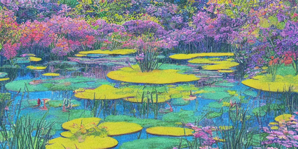 Prompt: pond landscape, by cosmo mulford, intricate, sharp focus, detailed, lively colors, studio ghibli color scheme