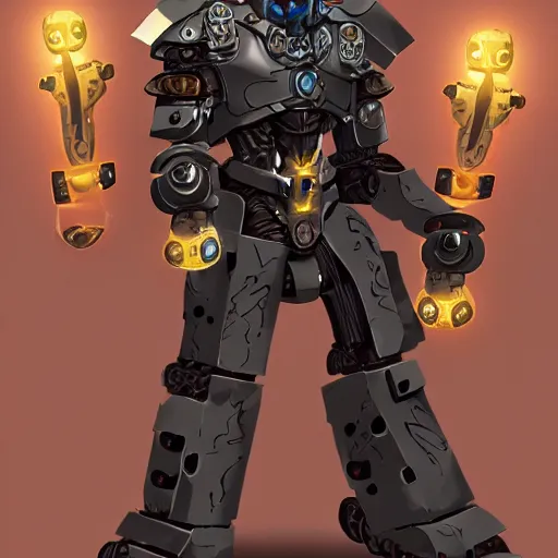 Image similar to A paladin warforged from Dungeons & Dragons looking like the BIONICLE Keetongu from Lego, with one eye and a heavy armor, with eldritch styled tatoos on his arms, art by Gref Farshtey