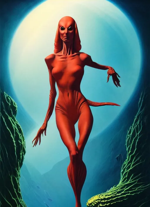 Image similar to photo of an alien woman in the style of roger dean and alberto vargas and stefan kostic, realistic, sharp focus, 8 k high definition, insanely detailed, intricate, elegant, art by greg rutkowski and artgerm, extreme blur coral reef background