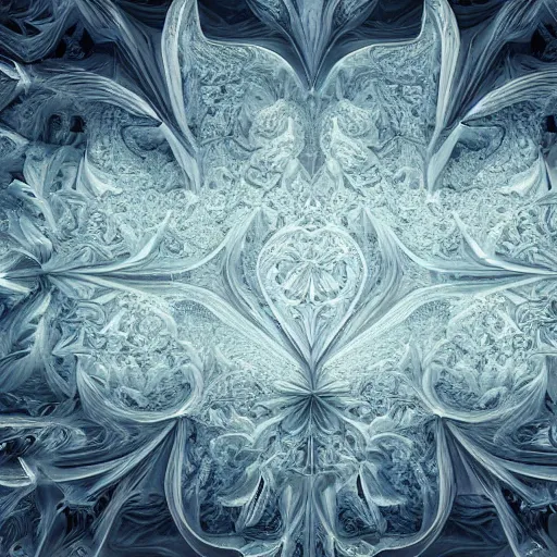 Prompt: a hyperrealistic 3 d render of a huge sprawling fractal cathedral interior populated by mandelbrot fractals by android jones, unreal engine, carved soap, white color scheme, volumetric lighting, octane render, dramatic lighting, glowing, carved marble, opalescent, carved wood, sacred geometry, religious, angelic, catholicpunk, stark, 8 k, ultra detailed