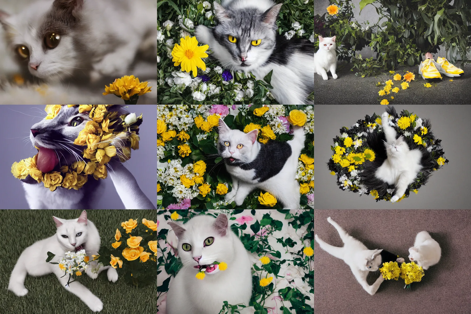 Prompt: pov shot photography of white yellow black cat, biting a flowers bouquet in her mouth, under my feet wearing jeans and sneakers, large happy eyes, octane render, photorealistic, 8 k