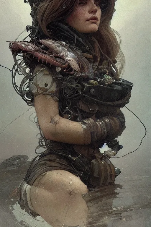 Prompt: A full portrait of a beautiful post apocalyptic deep sea fisherman, intricate, elegant, highly detailed, digital painting, artstation, concept art, smooth, sharp focus, illustration, art by Krenz Cushart and Artem Demura and alphonse mucha