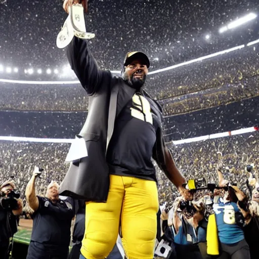 Image similar to Coach Tomlin lifting the Lombardi Trophy triumphantly after winning the SuperBowl