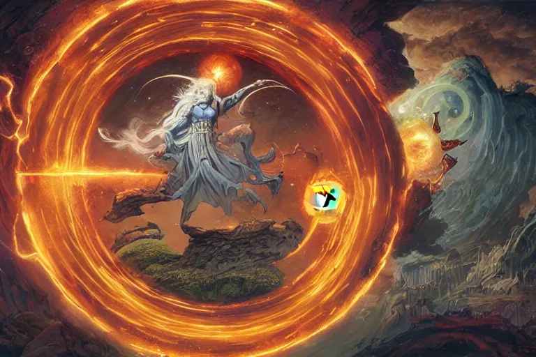 Image similar to wizards conjuring a bitcoin through a circular portal, by greg rutkowski and frank frazetta and peter mohrbacher and william blake and dan mumford