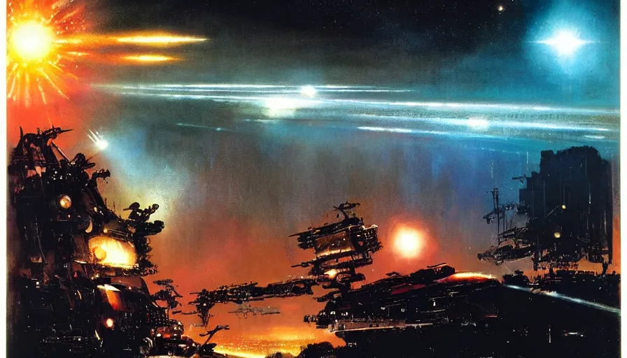 Image similar to c - beams glittering in the dark near the tannhauser gate by john harris and john berkey, matte, masterpiece, atmospheric, wide angle shot