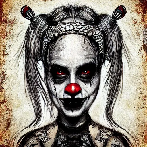 Image similar to surrealism grunge cartoon portrait sketch of harley quinn, by michael karcz, loony toons style, freddy krueger style, horror theme, detailed, elegant, intricate