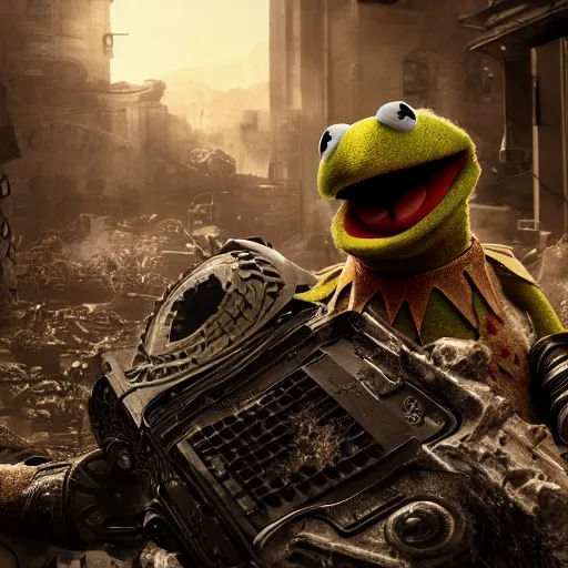 Image similar to the muppets in gears of war, splash art, movie still, cinematic lighting, dramatic, octane render, long lens, shallow depth of field, bokeh, anamorphic lens flare, 8 k, hyper detailed, 3 5 mm film grain