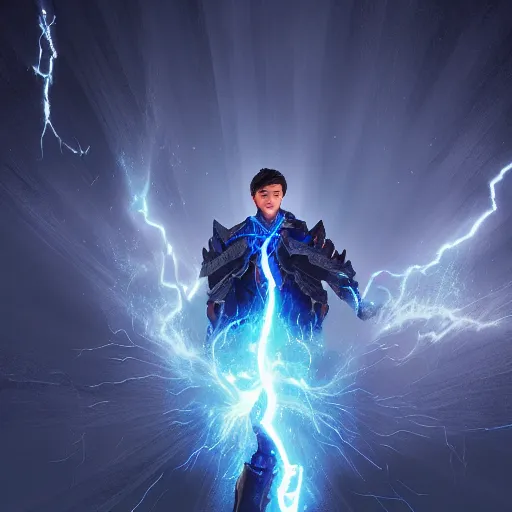 Prompt: a young man with glowing blue eyes sparkling with blue lightning. sparks. electricity. digital art. fantasy. matte painting sharp focus. highly detailed. uhd. by sparth. albert aublet. huang guangjian.