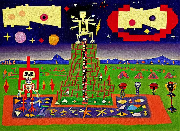 Image similar to pixel decollage painting tarot lovers card composition tower of babel road red armor maggot bear and wonky alien frog skeleton knight on a horse in a dark red cloudy night sky with golden foil jewish stars and diamonds, mountain lake and blossoming field in background, painted by Mark Rothko, Helen Frankenthaler, Danny Fox and Hilma af Klint, pixelated, neo expressionism, semi naive, pastel colors, cinematic, color field painting, cave painting, voxel, pop art look, outsider art, minimalistic. Bill Traylor painting, part by Philip Guston, Amano and Francis Bacon. art by Adrian Ghenie, very coherent symmetrical artwork, cinematic, hyper realism, high detail, octane render, unreal engine, Smooth gradients, depth of field, full body character drawing, extremely detailed, 8k, extreme detail, intricate detail, masterpiece