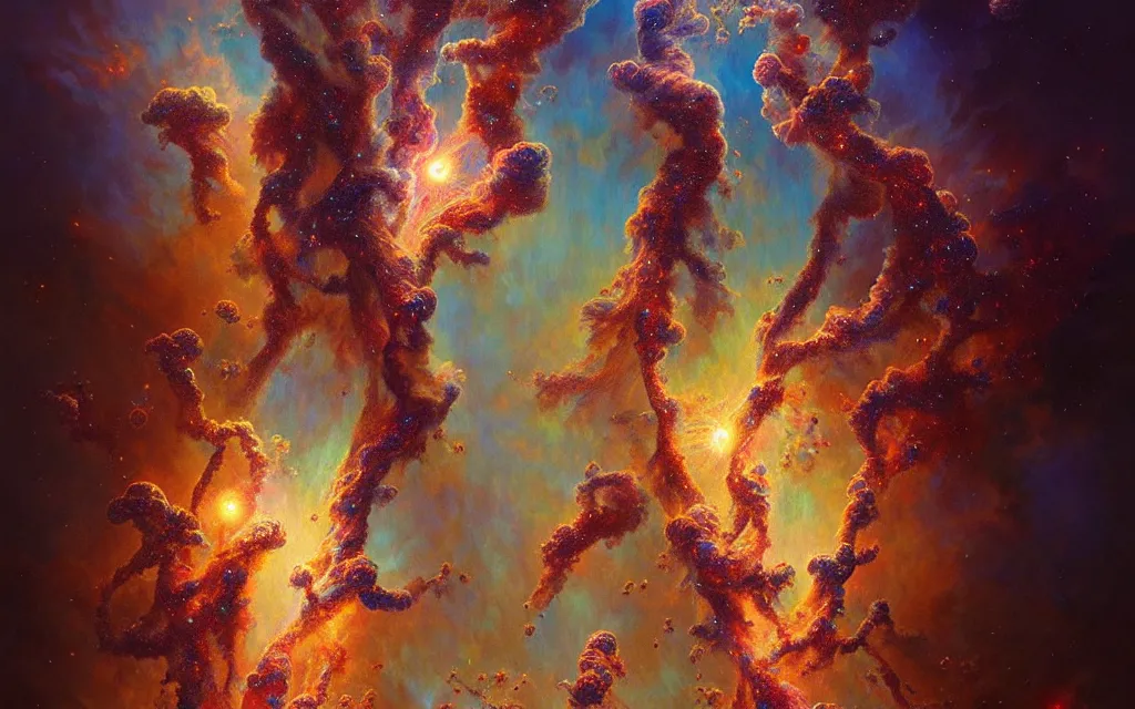 Image similar to psychedelic transcendent puffs of smoke explosion, fireworks, pillars of creation, enlightenment, high contrast lighting, highly detailed, concept art, art by collier, albert aublet, krenz cushart, artem demura, alphonse mucha