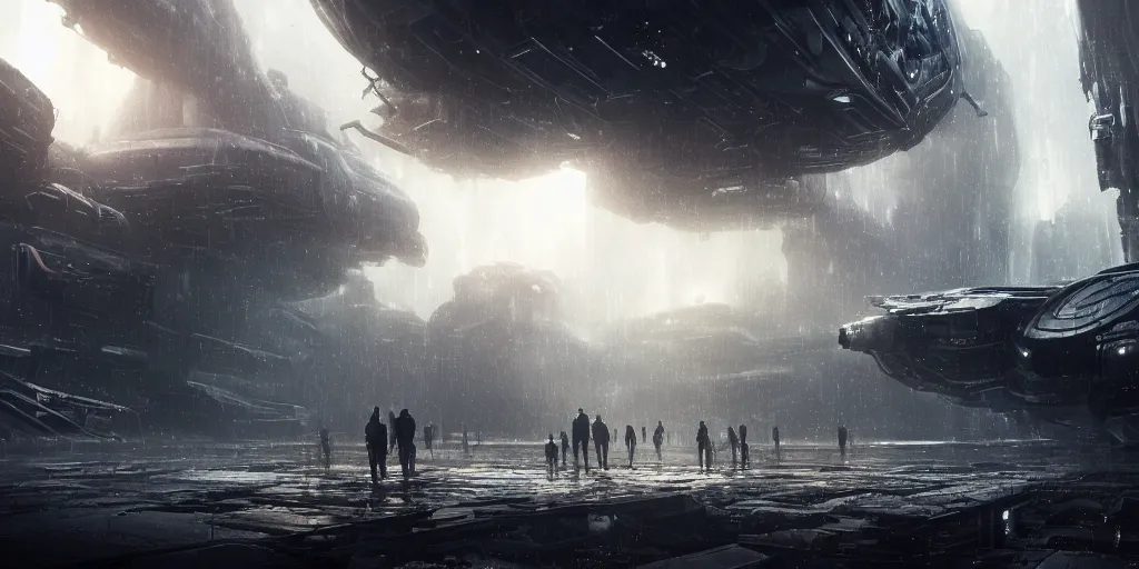 Prompt: a breathtaking scene of the expanse spaceship, technology, exterior, scifi, cybernetic, darksynth, ultrarealistic, highly detailed, futuristic landscape, industrial, utopian architecture, low angle view, crowds of people, ominous, sharp focus, epic lighting, cinematic, by jeremy mann and jan urschel and neil blevins, misty, 8 k