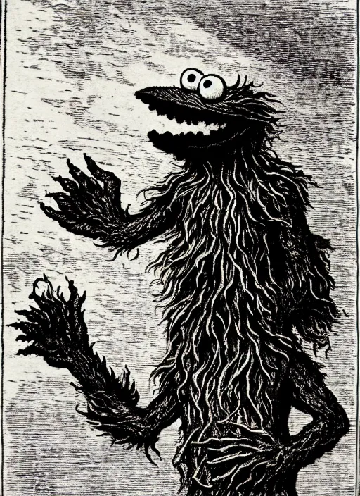 Image similar to cookie monster as a demon from the dictionarre infernal, etching by louis le breton, 1 8 6 9, 1 2 0 0 dpi scan, ultrasharp detail, clean scan