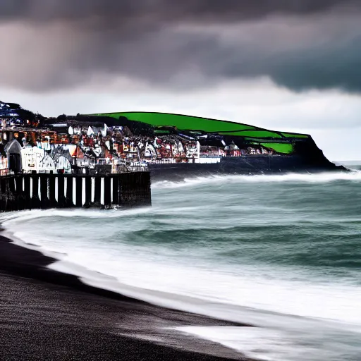 Prompt: the town of aberystwyth with stormy sea, ultrarealism, photorealism, 8 k, wide angle