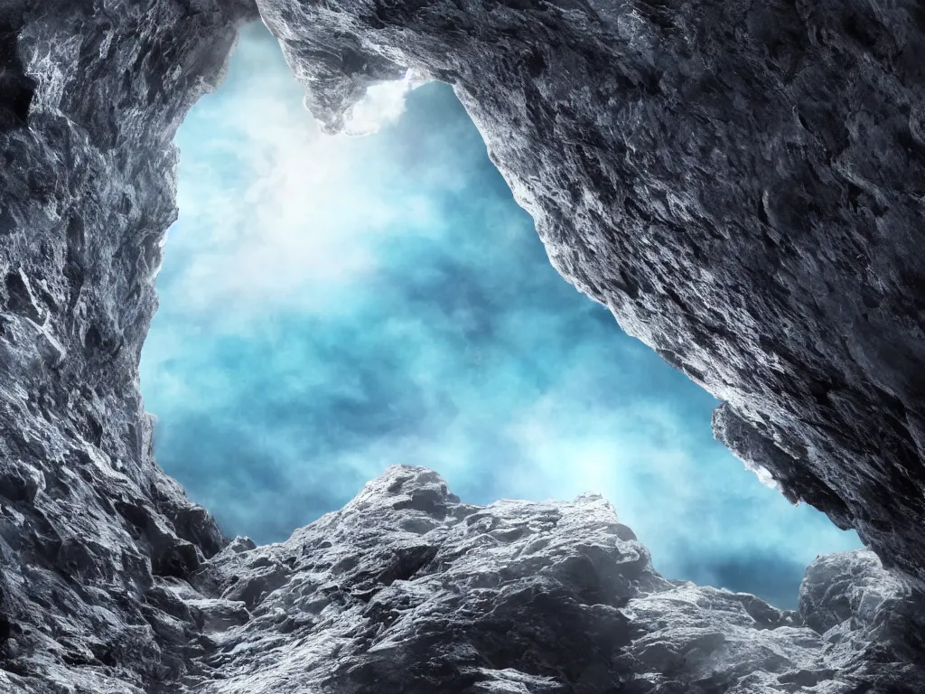 Image similar to the edge of the world, 4k, epic scene, giant android hand reaching out of a chasm