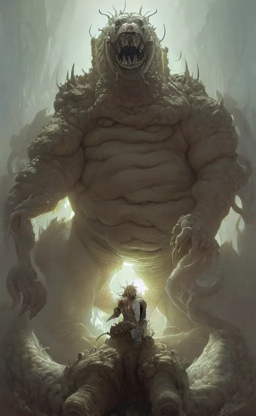 Image similar to a dynamic portrait of a gigantic white monstrosity, a fat tank monster made of ingrown white bodies, concept art, deep focus, fantasy, intricate, highly detailed, digital painting, artstation, matte, sharp focus, illustration, art by greg rutkowski and alphonse mucha