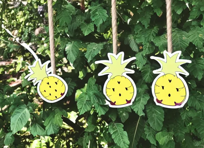 Prompt: die cut sticker of two cute kawaii smiling pineapples on a swing set