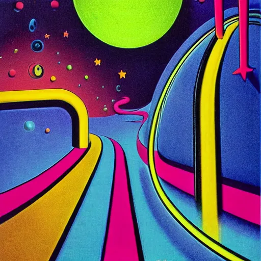 Image similar to neon void, rainbow road in the distant deep space, liminal, by dr. seuss and max ernst