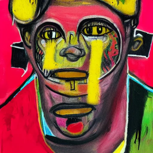 Prompt: pink and yellow and red detailed neo expressionism oil painting of sad boy rapper crying with tattoos by basquiat