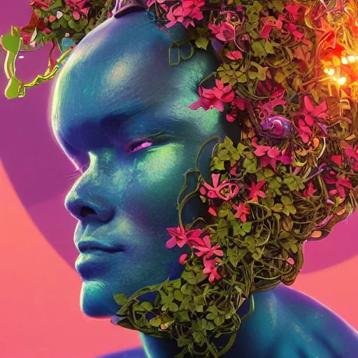 Image similar to colourful vfx art - portrait of mecha robot wrapped in flowers & vines, art by hsiao - ron cheng & james jean, volumetric light, colourful, sharp, detailed, digital painting, illustration, illustration, highly detailed, intricate detail, unreal engine, octae render, pinterest, behance, art station,