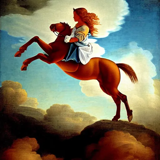 Image similar to a pony riding on clouds painted in the style of renaissance paintings