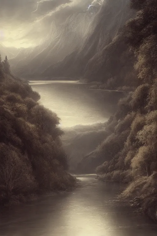 Image similar to River Anduin in the evening, detailed matte painting, cinematic, Alan Lee, Artstation