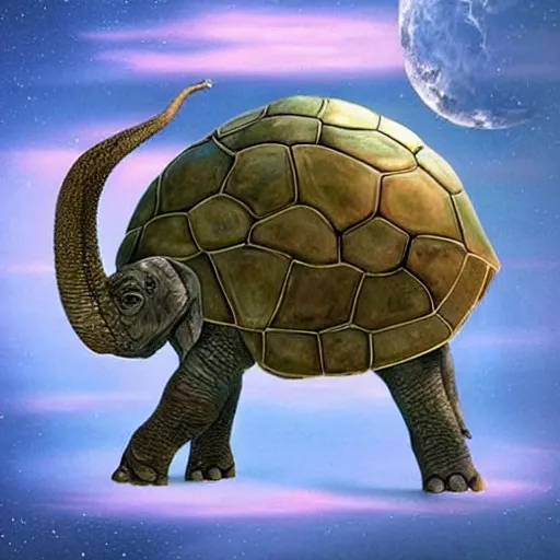 Image similar to Great A'Tuin is the Giant Star Turtle (of the fictional species Chelys galactica) who travels through the Discworld universe's space, carrying four giant elephants (named Berilia, Tubul, Great T'Phon, and Jerakeen) who in turn carry the Discworld