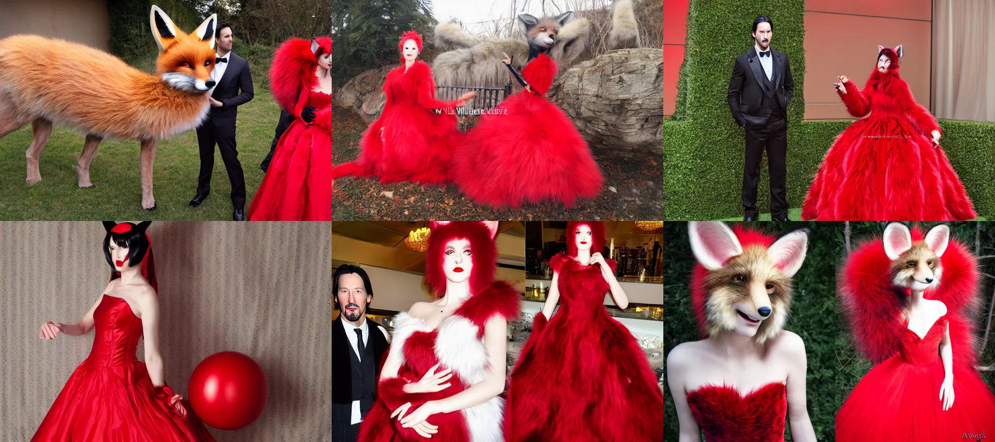 Prompt: keanu reaves with fox ears synthetic fur realistic wearing red ball gown, by wildering