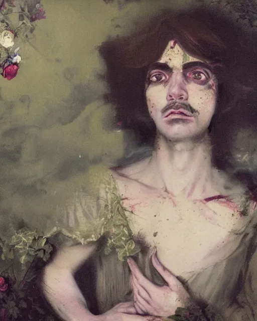 Image similar to a beautiful and eerie baroque painting of a beautiful but serious man in layers of fear, with haunted eyes and dark hair, 1 9 7 0 s, seventies, floral wallpaper, wilted flowers, a little blood, morning light showing injuries, delicate embellishments, painterly, offset printing technique, by robert henri, walter popp, alan lee