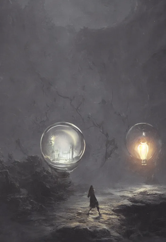 Prompt: a tiny world inside a glass lightbulb by greg rutkowski, sung choi, mitchell mohrhauser, maciej kuciara, johnson ting, maxim verehin, peter konig, bloodborne, 8 k photorealistic, cinematic lighting, hd, high details, dramatic, dark atmosphere, trending on artstation