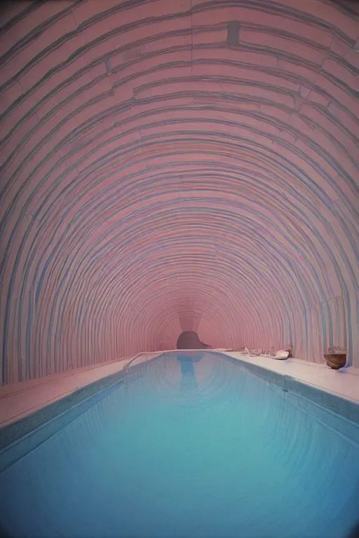 Image similar to non euclidean tiled curving swimming pool tunnels into infinity, 1 9 6 0 s, color bleed, ektachrome photograph, volumetric lighting, f 8 aperture, cinematic eastman 5 3 8 4 film stanley kubrick