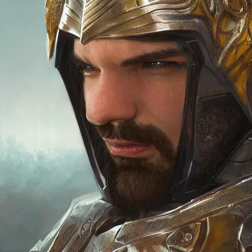 Prompt: drake as a realistic fantasy knight, closeup portrait art by donato giancola and greg rutkowski, digital art, trending on artstation, symmetry!!