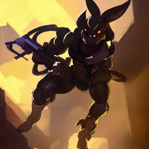 Prompt: greg manchess portrait painting of partially armored umbreon as overwatch character, medium shot, asymmetrical, profile picture, organic painting, sunny day, matte painting, bold shapes, hard edges, street art, trending on artstation, by huang guangjian, gil elvgren, ruan jia, greg rutkowski, gaston bussiere