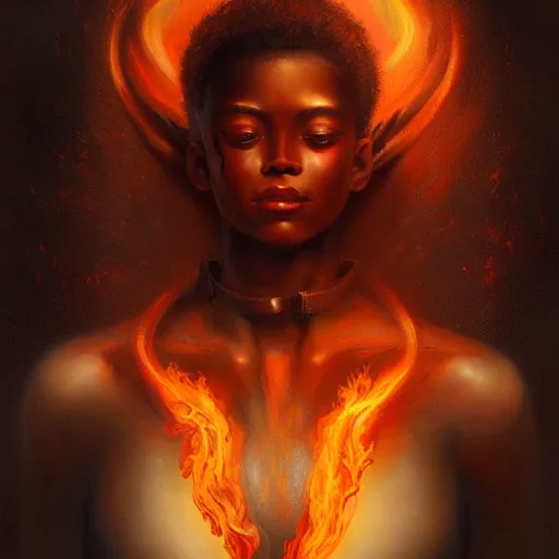 Image similar to a beautiful portrait of a flame god by Jim Burns and Tom Bagshaw, black skin, Trending on Artstation, Flaming Background