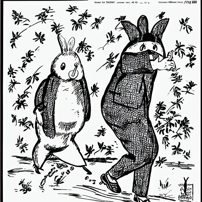 Image similar to a still frame from comic strip a bird in rabbit costume half pants 1 9 5 0, herluf bidstrup, new yorker illustration, monochrome contrast bw, lineart, manga, tadanori yokoo, simplified,